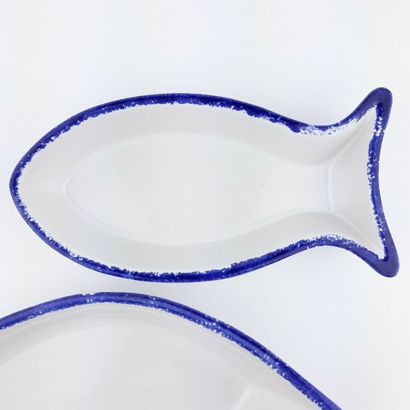 Fish Boat Shaped White Blue Ceramic Serving Dishes Made In Portugal Set Of 2 - Picture 2 of 12